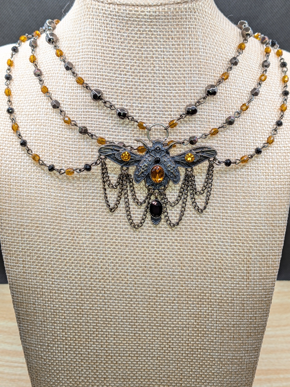 Steampunk Cicada Black And Amber Multi strand Necklace - Handmade Jewelry